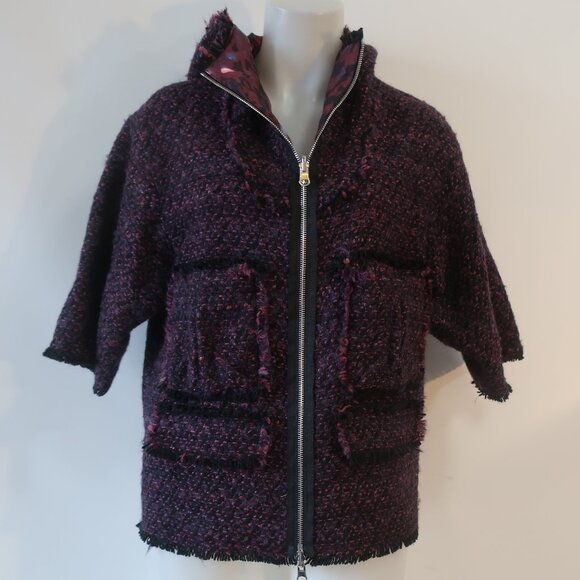 Womens Vivienne Tam Black Purple Wool Blend Hooded Boucle Tweed Zip Jacket M - Picture 1 of 12